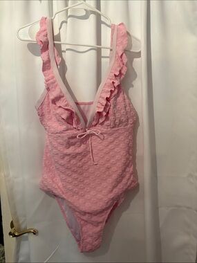 Pink Ruffle Deep V Textured One-Piece Swimsuit